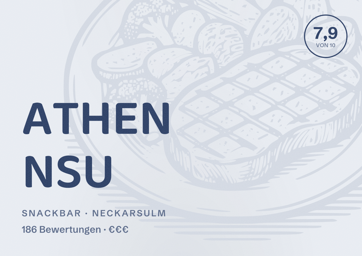 Illustriertes Poster von ATHEN NSU, Snackbar in Neckarsulm: Bewertung 7,9 von 10 aus 186 Bewertungen, Preisniveau €€€