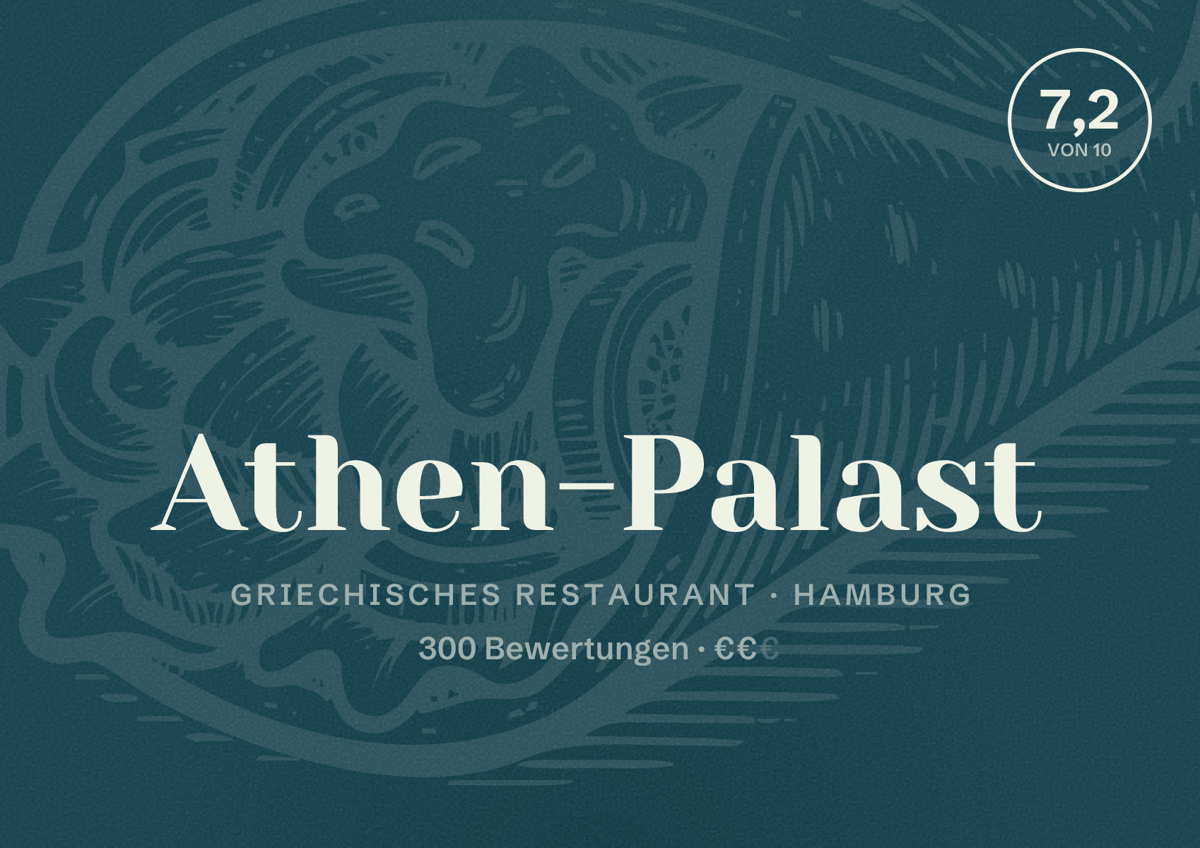 Illustriertes Poster von Athen-Palast, Griechisches Restaurant in Hamburg: Bewertung 7,2 von 10 aus 300 Bewertungen, Preisniveau €€
