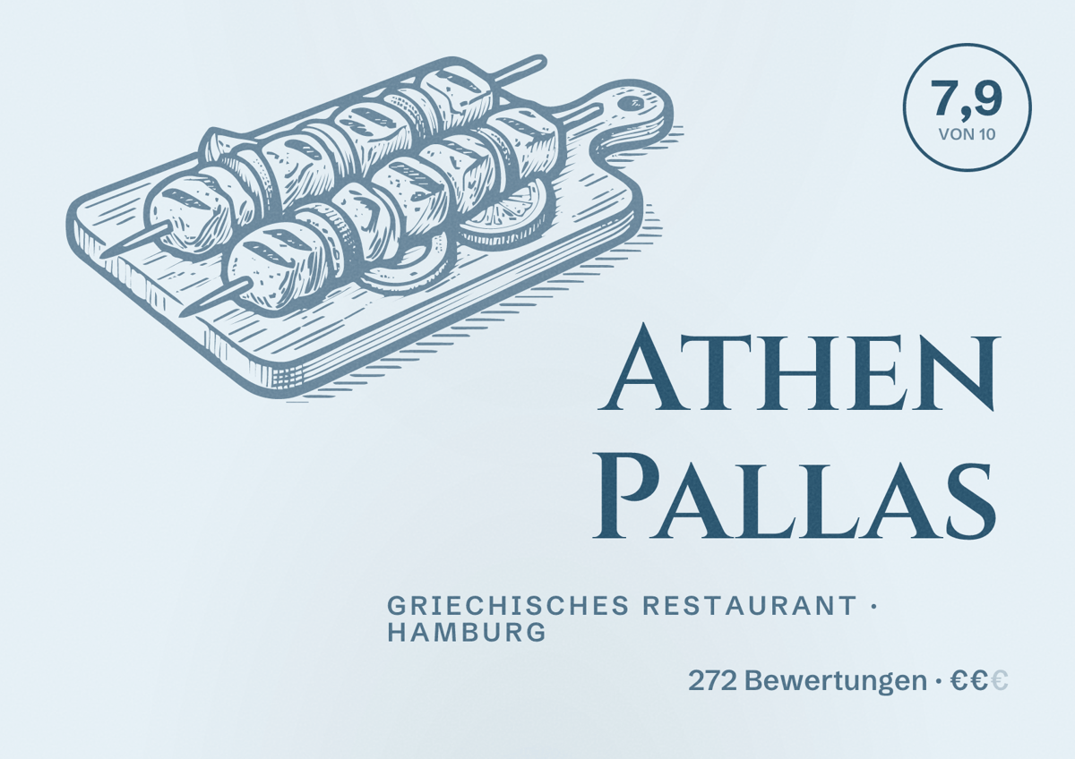 Illustriertes Poster von Athen Pallas, Griechisches Restaurant in Hamburg: Bewertung 7,9 von 10 aus 272 Bewertungen, Preisniveau €€