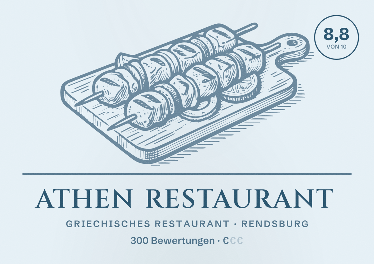 Illustriertes Poster von Athen Restaurant, Griechisches Restaurant in Rendsburg: Bewertung 8,8 von 10 aus 300 Bewertungen, Preisniveau €