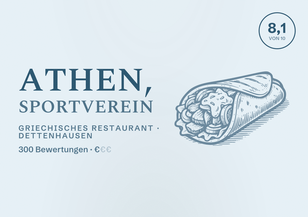 Illustriertes Poster von Athen, Sportverein, Griechisches Restaurant in Dettenhausen: Bewertung 8,1 von 10 aus 300 Bewertungen, Preisniveau €
