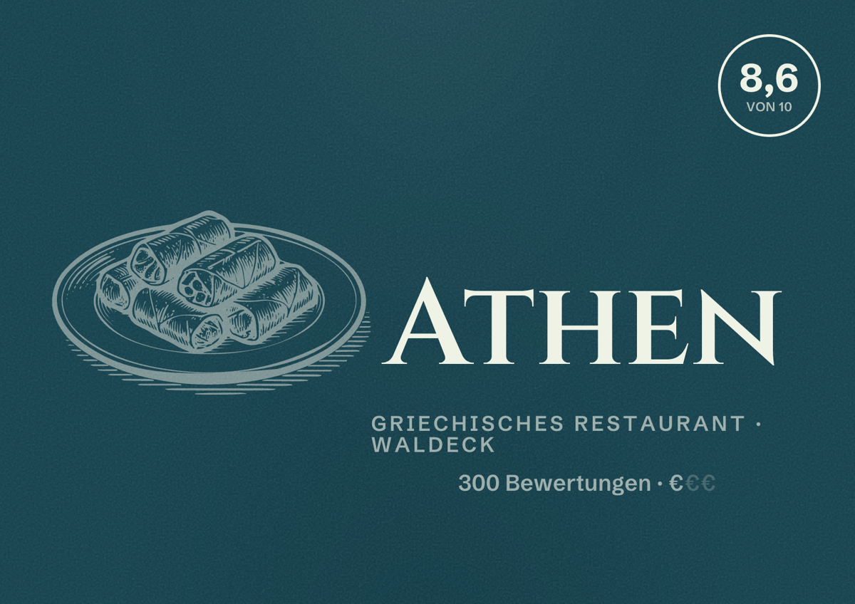 Illustriertes Poster von Athen, Griechisches Restaurant in Waldeck: Bewertung 8,6 von 10 aus 300 Bewertungen, Preisniveau €