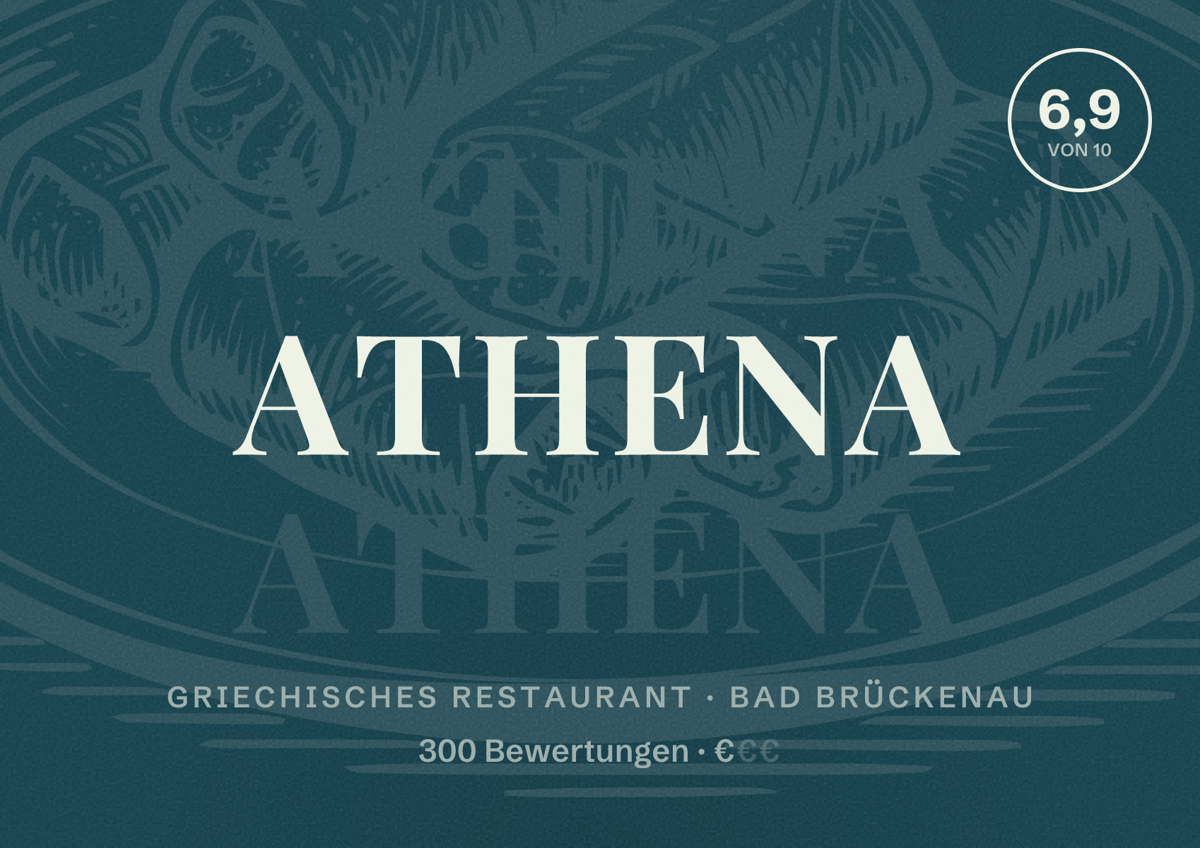 Illustriertes Poster von Athena, Griechisches Restaurant in Bad Brückenau: Bewertung 6,9 von 10 aus 300 Bewertungen, Preisniveau €