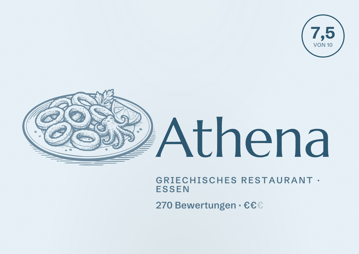 Illustriertes Poster von Athena, Griechisches Restaurant in Essen: Bewertung 7,5 von 10 aus 270 Bewertungen, Preisniveau €€