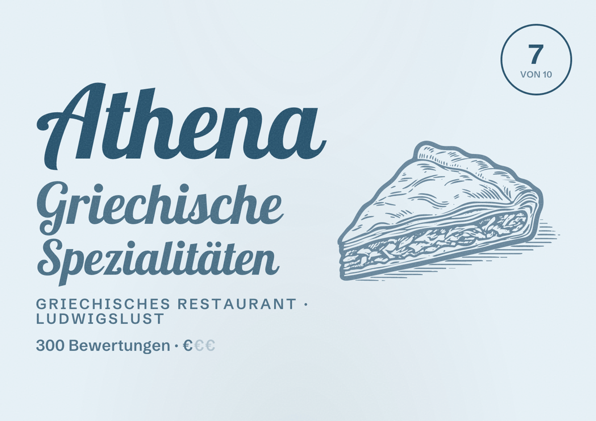 Illustriertes Poster von Athena Griechische Spezialitäten, Griechisches Restaurant in Ludwigslust: Bewertung 7 von 10 aus 300 Bewertungen, Preisniveau €