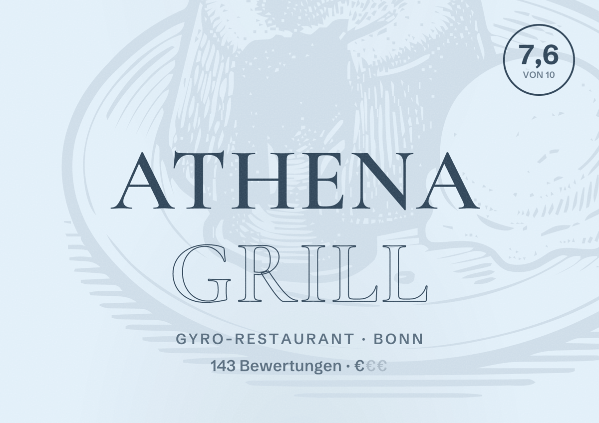 Illustriertes Poster von Athena Grill, Gyro-Restaurant in Bonn: Bewertung 7,6 von 10 aus 143 Bewertungen, Preisniveau €