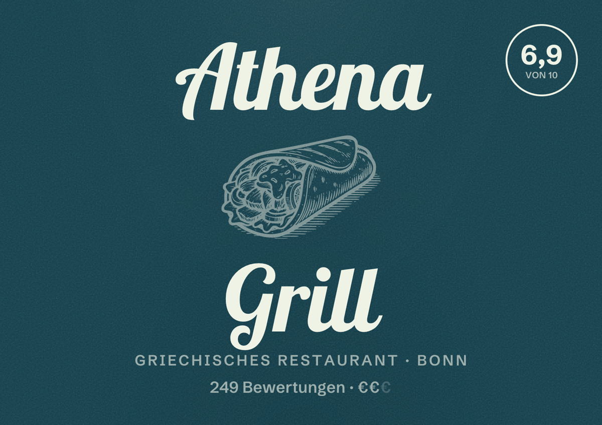 Illustriertes Poster von Athena Grill, Griechisches Restaurant in Bonn: Bewertung 6,9 von 10 aus 249 Bewertungen, Preisniveau €€