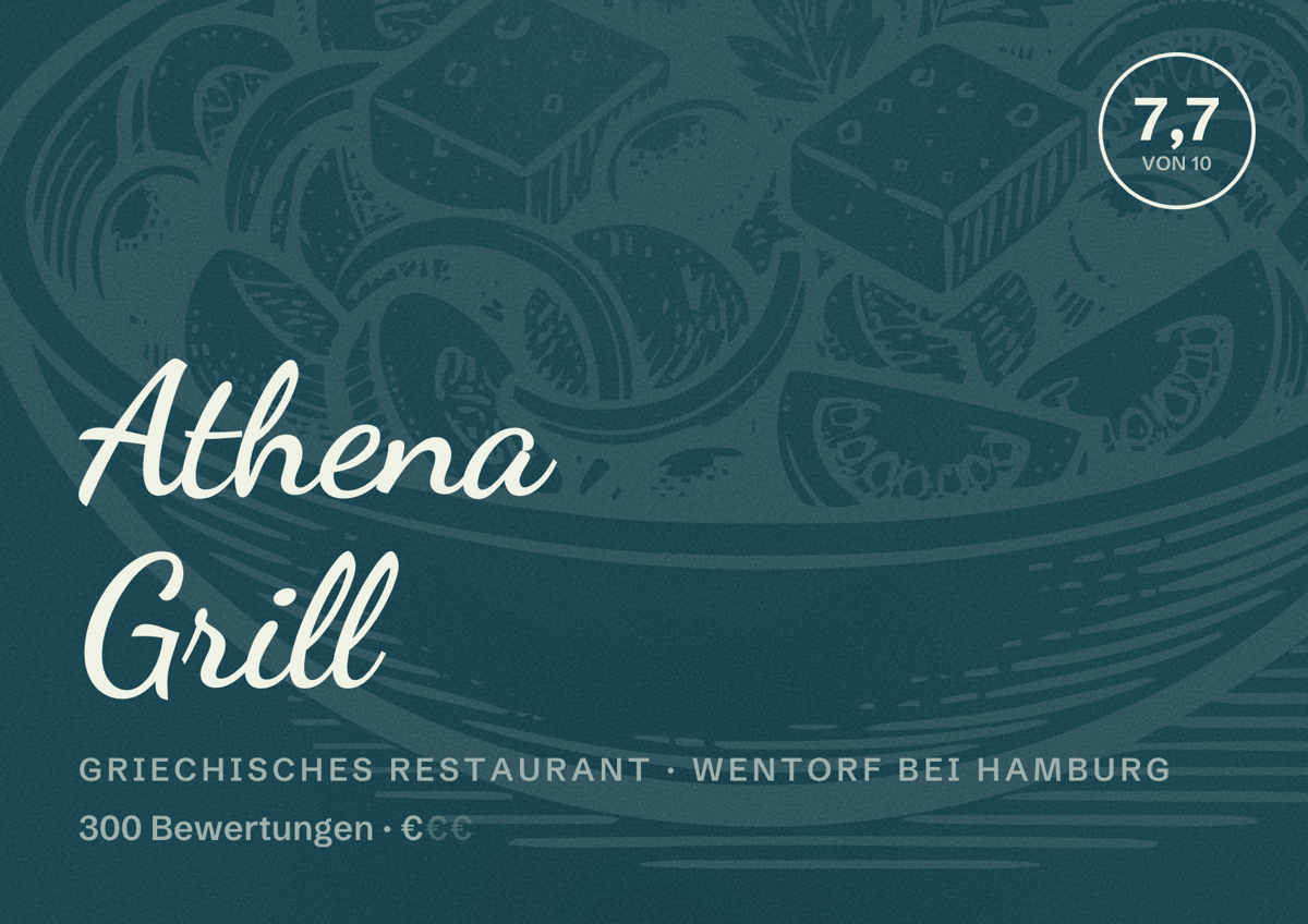 Illustriertes Poster von Athena Grill, Griechisches Restaurant in Wentorf bei Hamburg: Bewertung 7,7 von 10 aus 300 Bewertungen, Preisniveau €