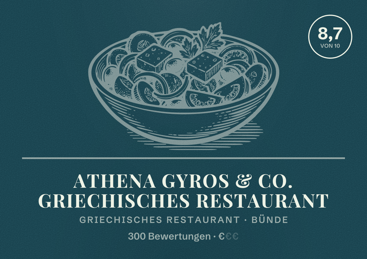 Illustriertes Poster von Athena Gyros & Co. Griechisches Restaurant, Griechisches Restaurant in Bünde: Bewertung 8,7 von 10 aus 300 Bewertungen, Preisniveau €