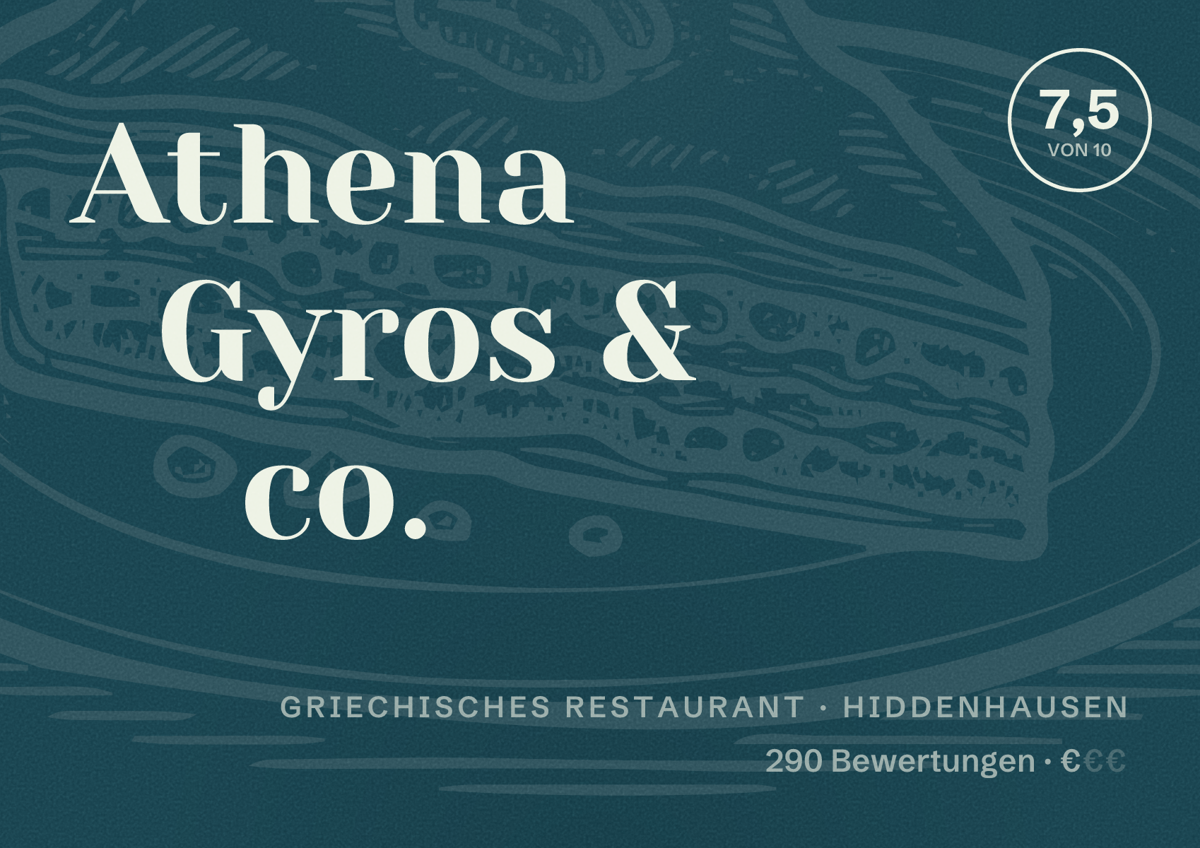 Illustriertes Poster von Athena Gyros & co., Griechisches Restaurant in Hiddenhausen: Bewertung 7,5 von 10 aus 290 Bewertungen, Preisniveau €