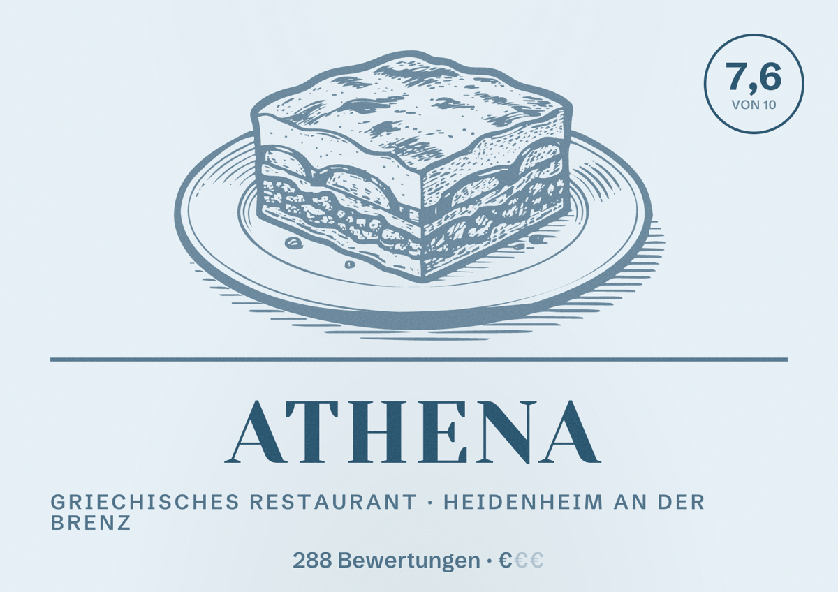 Illustriertes Poster von Athena, Griechisches Restaurant in Heidenheim an der Brenz: Bewertung 7,6 von 10 aus 288 Bewertungen, Preisniveau €