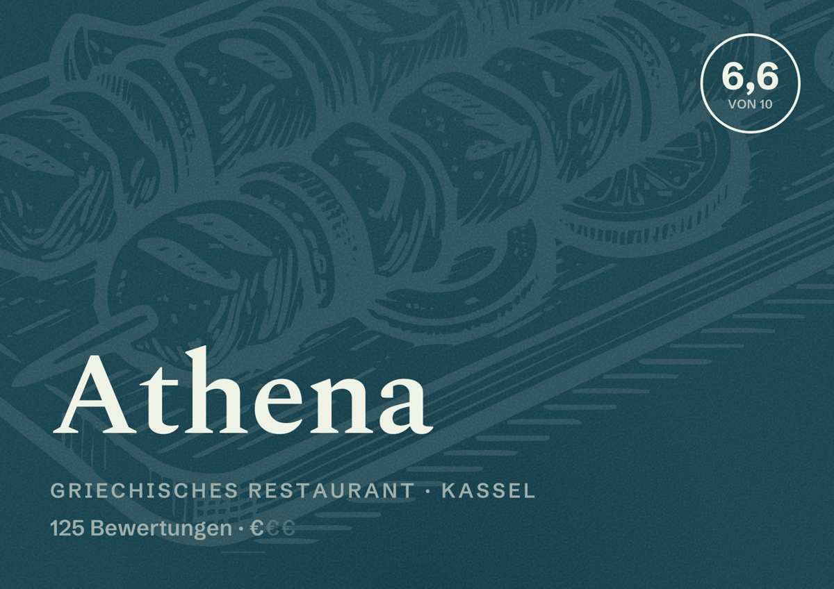 Illustriertes Poster von Athena, Griechisches Restaurant in Kassel: Bewertung 6,6 von 10 aus 125 Bewertungen, Preisniveau €