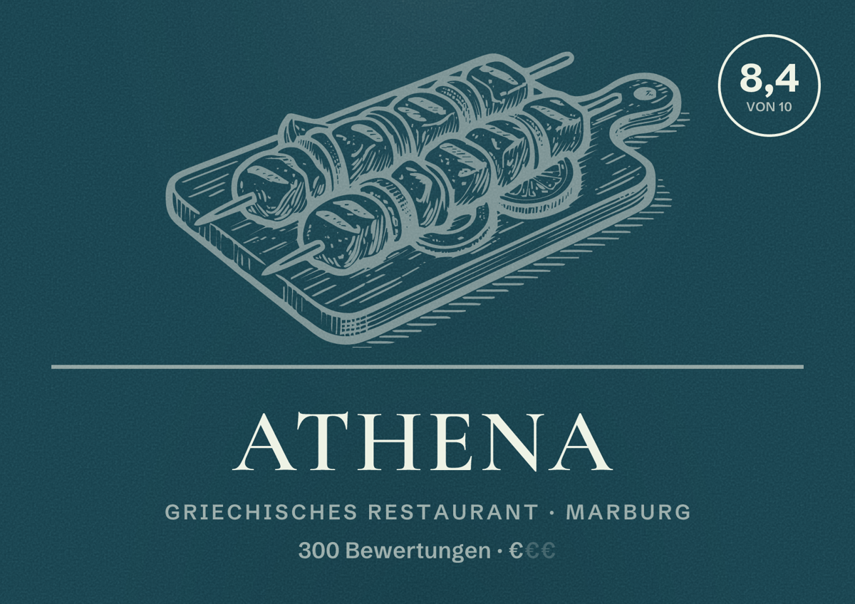 Illustriertes Poster von Athena, Griechisches Restaurant in Marburg: Bewertung 8,4 von 10 aus 300 Bewertungen, Preisniveau €