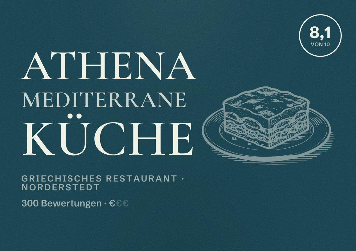 Illustriertes Poster von Athena Mediterrane Küche, Griechisches Restaurant in Norderstedt: Bewertung 8,1 von 10 aus 300 Bewertungen, Preisniveau €