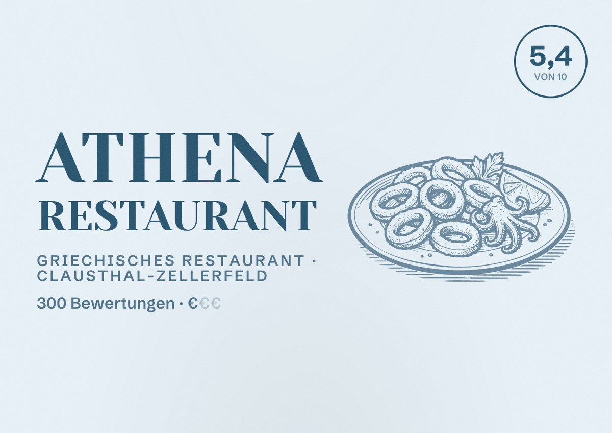Illustriertes Poster von Athena Restaurant, Griechisches Restaurant in Clausthal-Zellerfeld: Bewertung 5,4 von 10 aus 300 Bewertungen, Preisniveau €