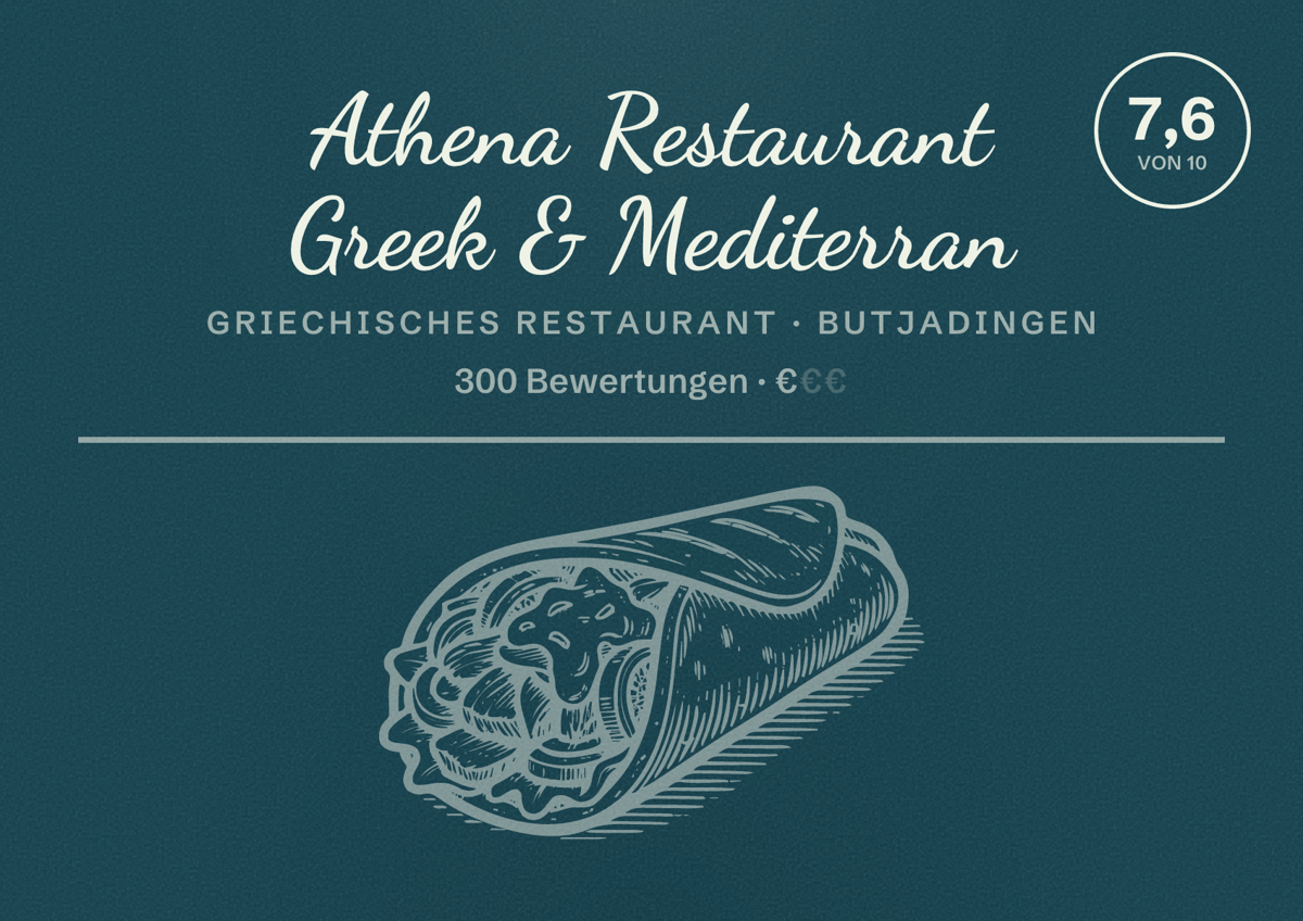 Illustriertes Poster von Athena Restaurant Greek & Mediterran, Griechisches Restaurant in Butjadingen: Bewertung 7,6 von 10 aus 300 Bewertungen, Preisniveau €