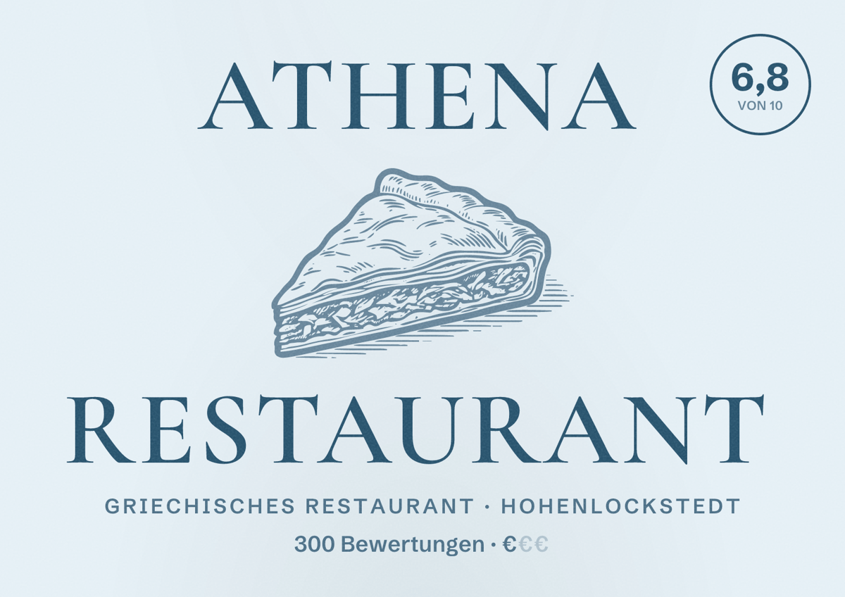 Illustriertes Poster von Athena Restaurant, Griechisches Restaurant in Hohenlockstedt: Bewertung 6,8 von 10 aus 300 Bewertungen, Preisniveau €