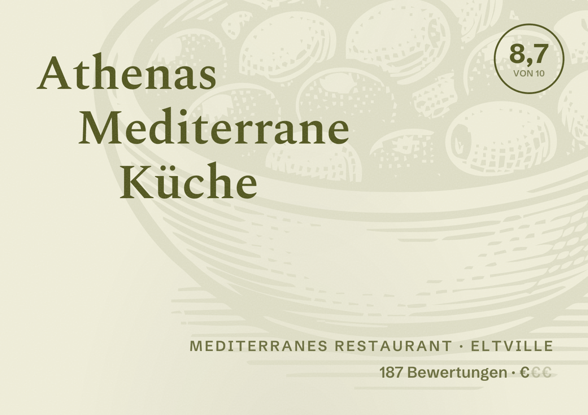 Illustriertes Poster von Athenas Mediterrane Küche, Mediterranes Restaurant in Eltville: Bewertung 8,7 von 10 aus 187 Bewertungen, Preisniveau €