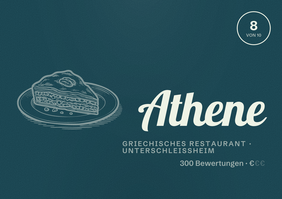 Illustriertes Poster von Athene, Griechisches Restaurant in Unterschleißheim: Bewertung 8 von 10 aus 300 Bewertungen, Preisniveau €