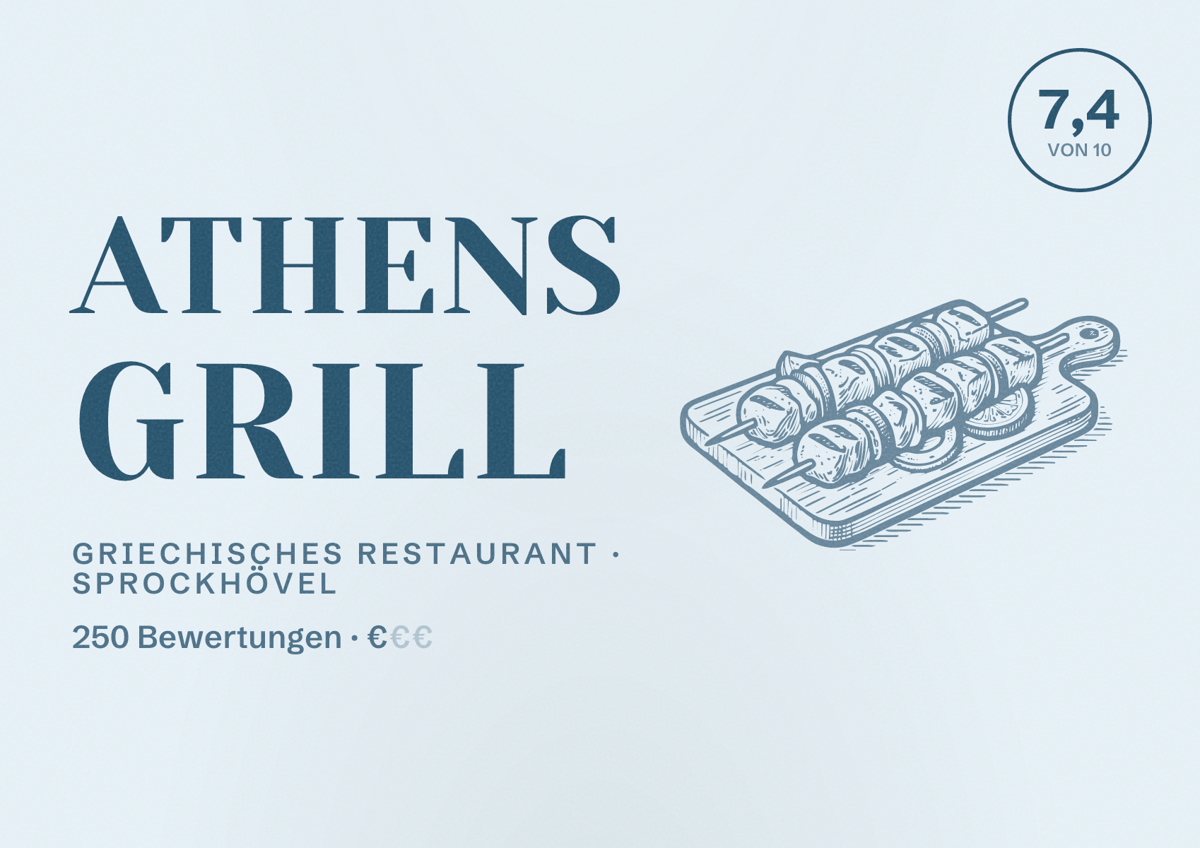 Illustriertes Poster von Athens Grill, Griechisches Restaurant in Sprockhövel: Bewertung 7,4 von 10 aus 250 Bewertungen, Preisniveau €
