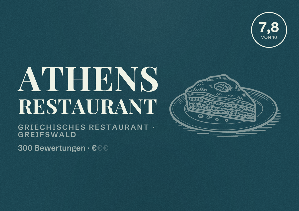 Illustriertes Poster von Athens Restaurant, Griechisches Restaurant in Greifswald: Bewertung 7,8 von 10 aus 300 Bewertungen, Preisniveau €