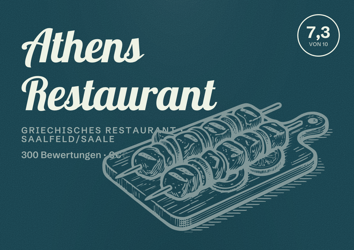 Illustriertes Poster von Athens Restaurant, Griechisches Restaurant in Saalfeld/Saale: Bewertung 7,3 von 10 aus 300 Bewertungen, Preisniveau €€