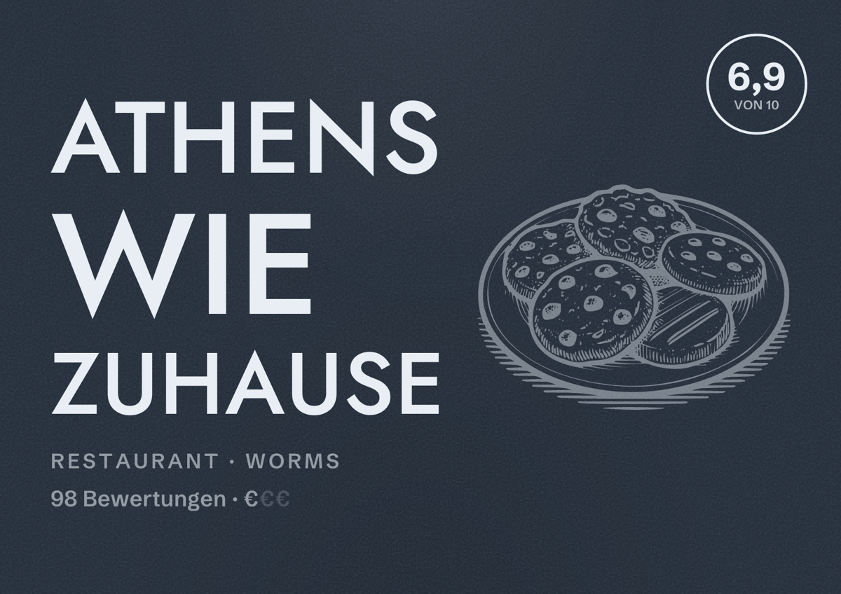 Illustriertes Poster von Athens wie Zuhause, Restaurant in Worms: Bewertung 6,9 von 10 aus 98 Bewertungen, Preisniveau €