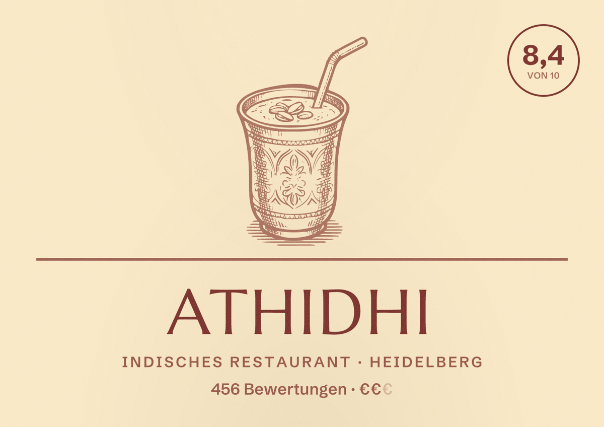 Illustriertes Poster von Athidhi, Indisches Restaurant in Heidelberg: Bewertung 8,4 von 10 aus 456 Bewertungen, Preisniveau €€