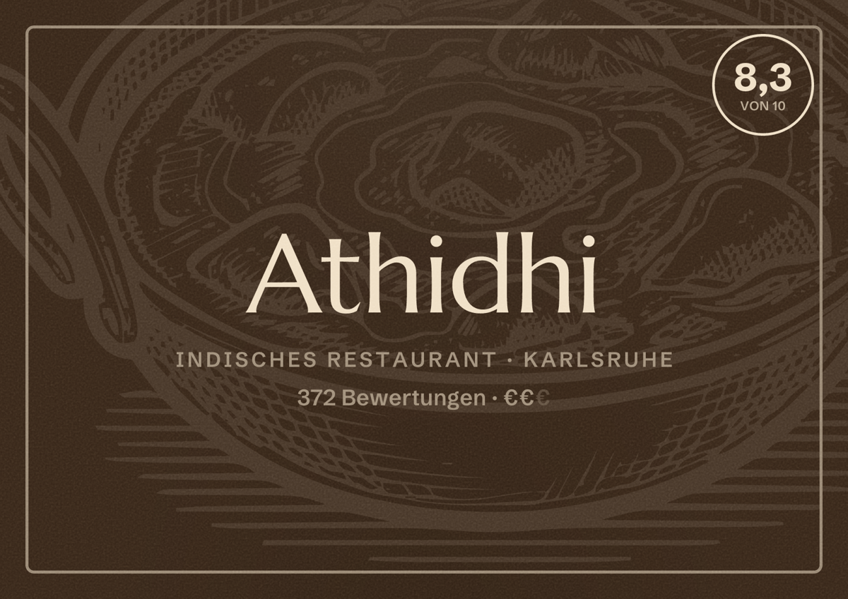 Illustriertes Poster von Athidhi, Indisches Restaurant in Karlsruhe: Bewertung 8,3 von 10 aus 372 Bewertungen, Preisniveau €€
