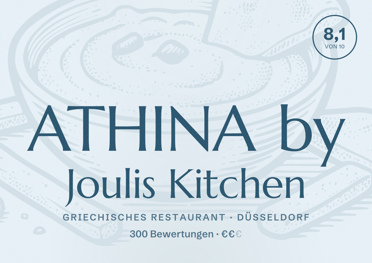 Illustriertes Poster von ATHINA by Joulis Kitchen, Griechisches Restaurant in Düsseldorf: Bewertung 8,1 von 10 aus 300 Bewertungen, Preisniveau €€
