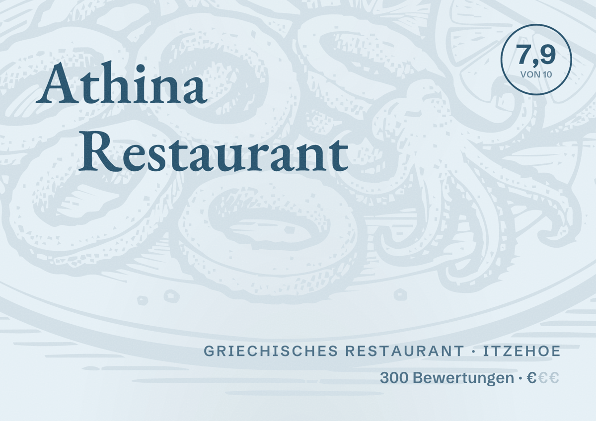Illustriertes Poster von Athina Restaurant, Griechisches Restaurant in Itzehoe: Bewertung 7,9 von 10 aus 300 Bewertungen, Preisniveau €