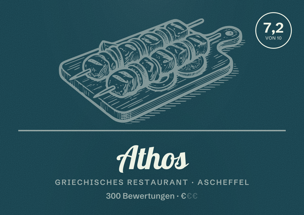 Illustriertes Poster von Athos, Griechisches Restaurant in Ascheffel: Bewertung 7,2 von 10 aus 300 Bewertungen, Preisniveau €