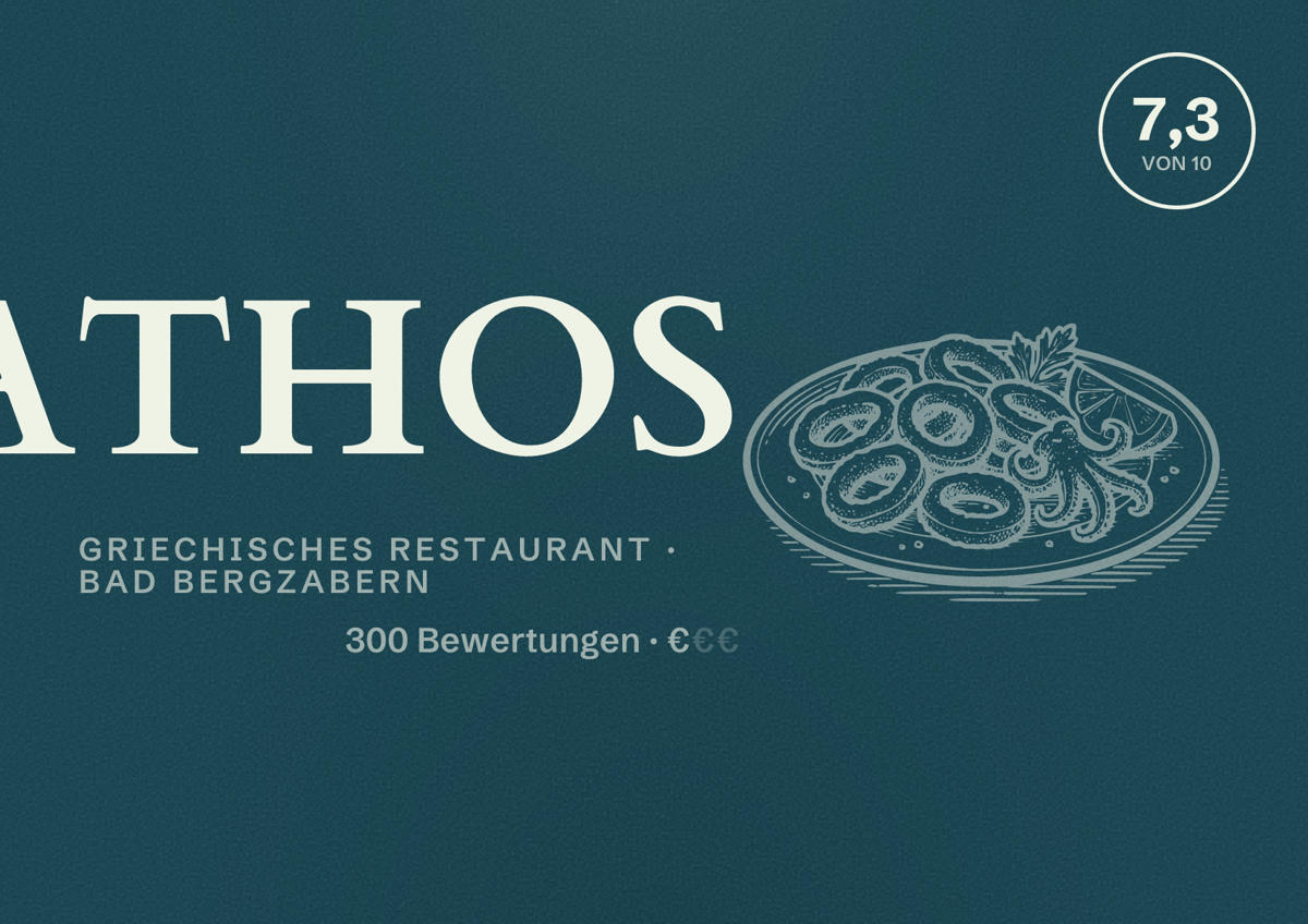 Illustriertes Poster von ATHOS, Griechisches Restaurant in Bad Bergzabern: Bewertung 7,3 von 10 aus 300 Bewertungen, Preisniveau €