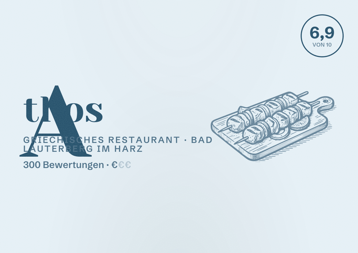 Illustriertes Poster von Athos, Griechisches Restaurant in Bad Lauterberg im Harz: Bewertung 6,9 von 10 aus 300 Bewertungen, Preisniveau €