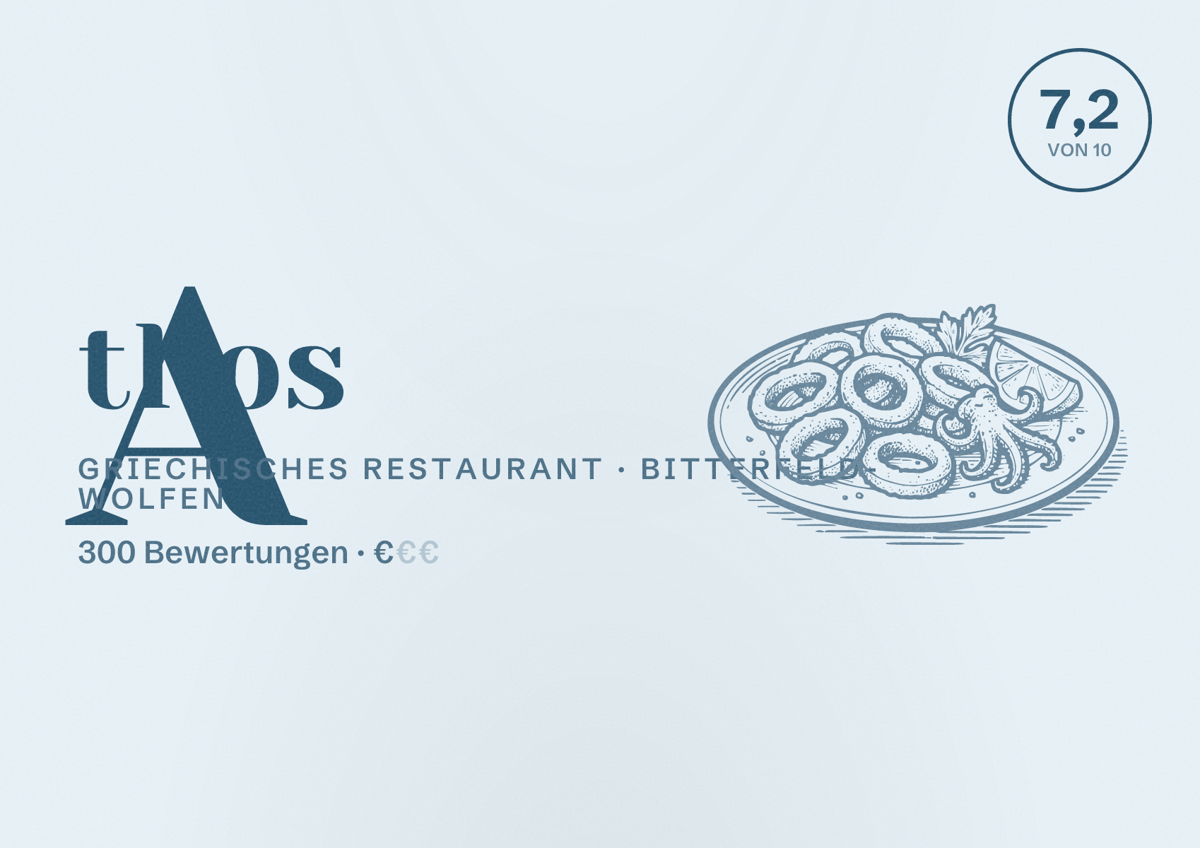 Illustriertes Poster von Athos, Griechisches Restaurant in Bitterfeld-Wolfen: Bewertung 7,2 von 10 aus 300 Bewertungen, Preisniveau €