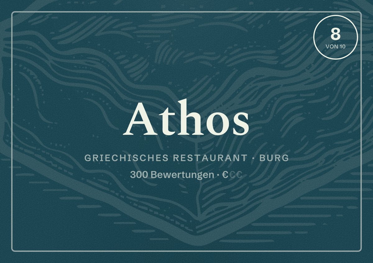 Illustriertes Poster von Athos, Griechisches Restaurant in Burg: Bewertung 8 von 10 aus 300 Bewertungen, Preisniveau €