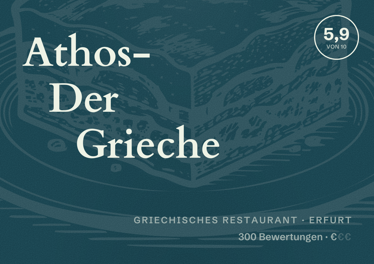 Illustriertes Poster von Athos- Der Grieche, Griechisches Restaurant in Erfurt: Bewertung 5,9 von 10 aus 300 Bewertungen, Preisniveau €