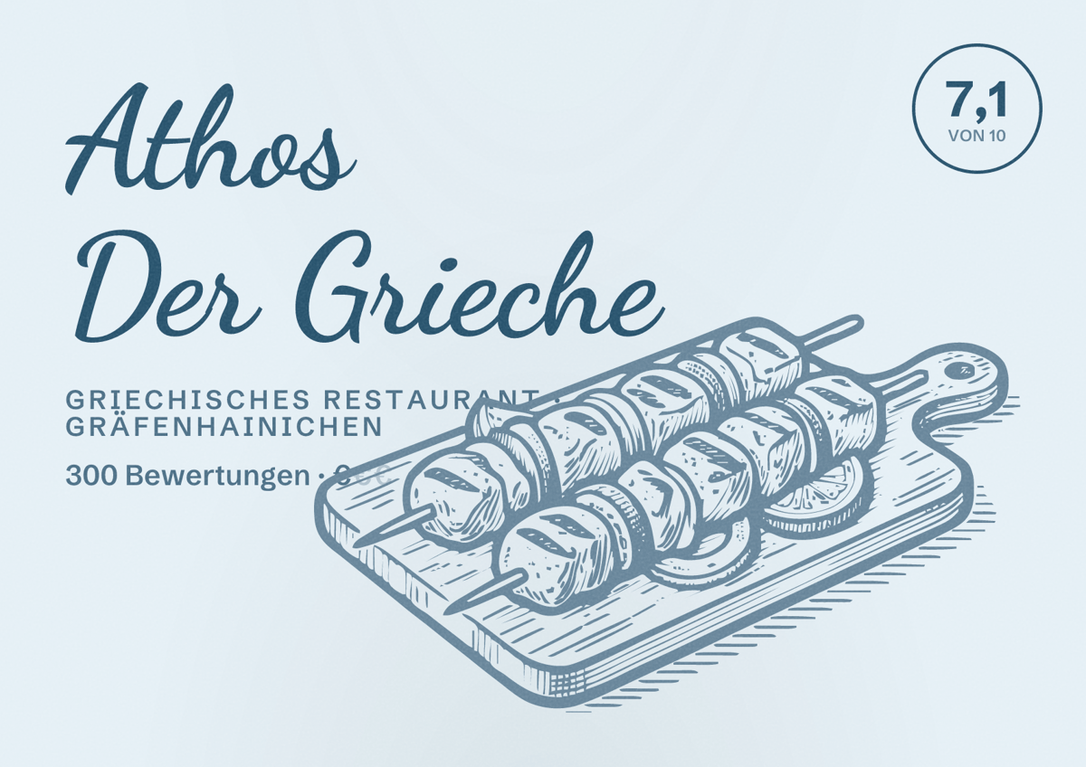 Illustriertes Poster von Athos Der Grieche, Griechisches Restaurant in Gräfenhainichen: Bewertung 7,1 von 10 aus 300 Bewertungen, Preisniveau €