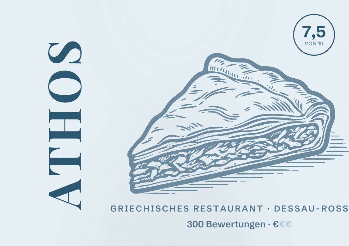 Illustriertes Poster von Athos, Griechisches Restaurant in Dessau-Roßlau: Bewertung 7,5 von 10 aus 300 Bewertungen, Preisniveau €