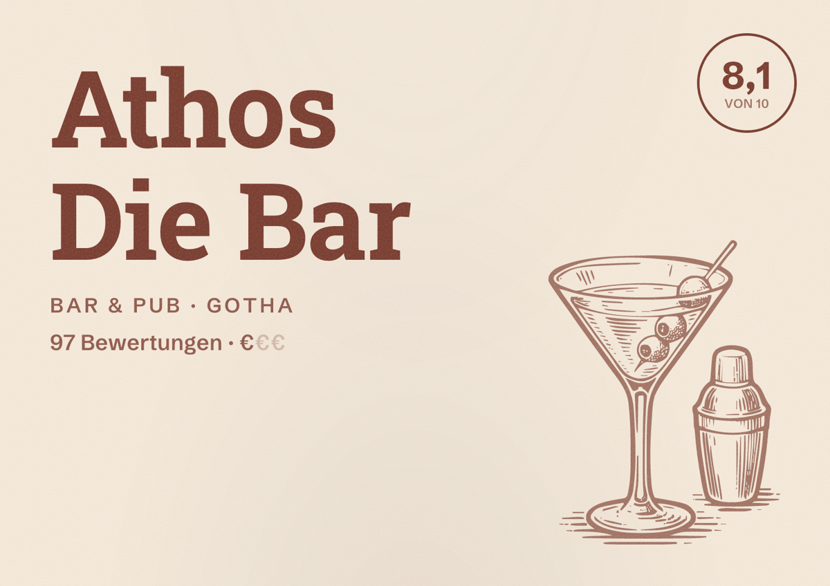 Illustriertes Poster von Athos Die Bar, Bar & Pub in Gotha: Bewertung 8,1 von 10 aus 97 Bewertungen, Preisniveau €