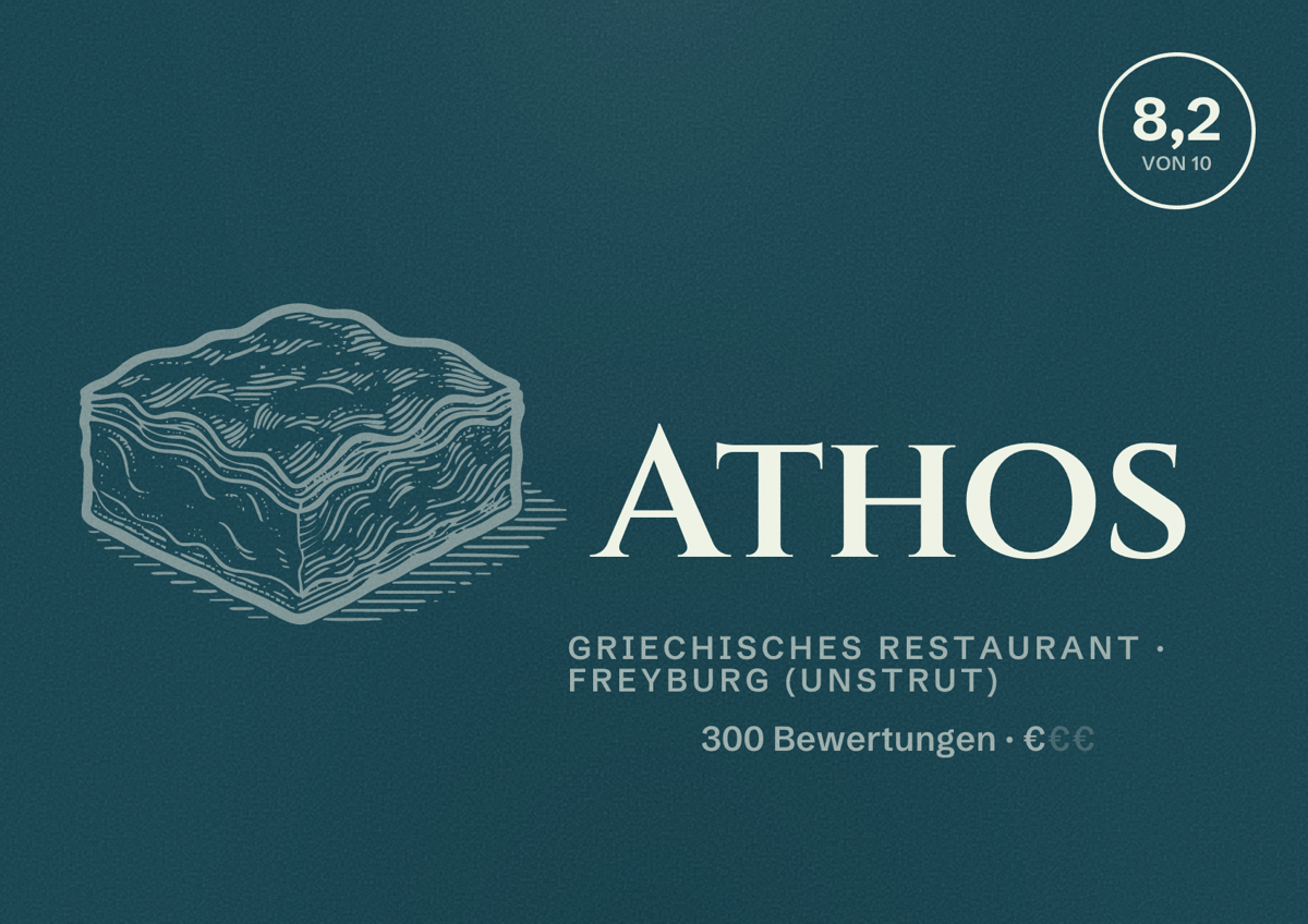 Illustriertes Poster von Athos, Griechisches Restaurant in Freyburg (Unstrut): Bewertung 8,2 von 10 aus 300 Bewertungen, Preisniveau €
