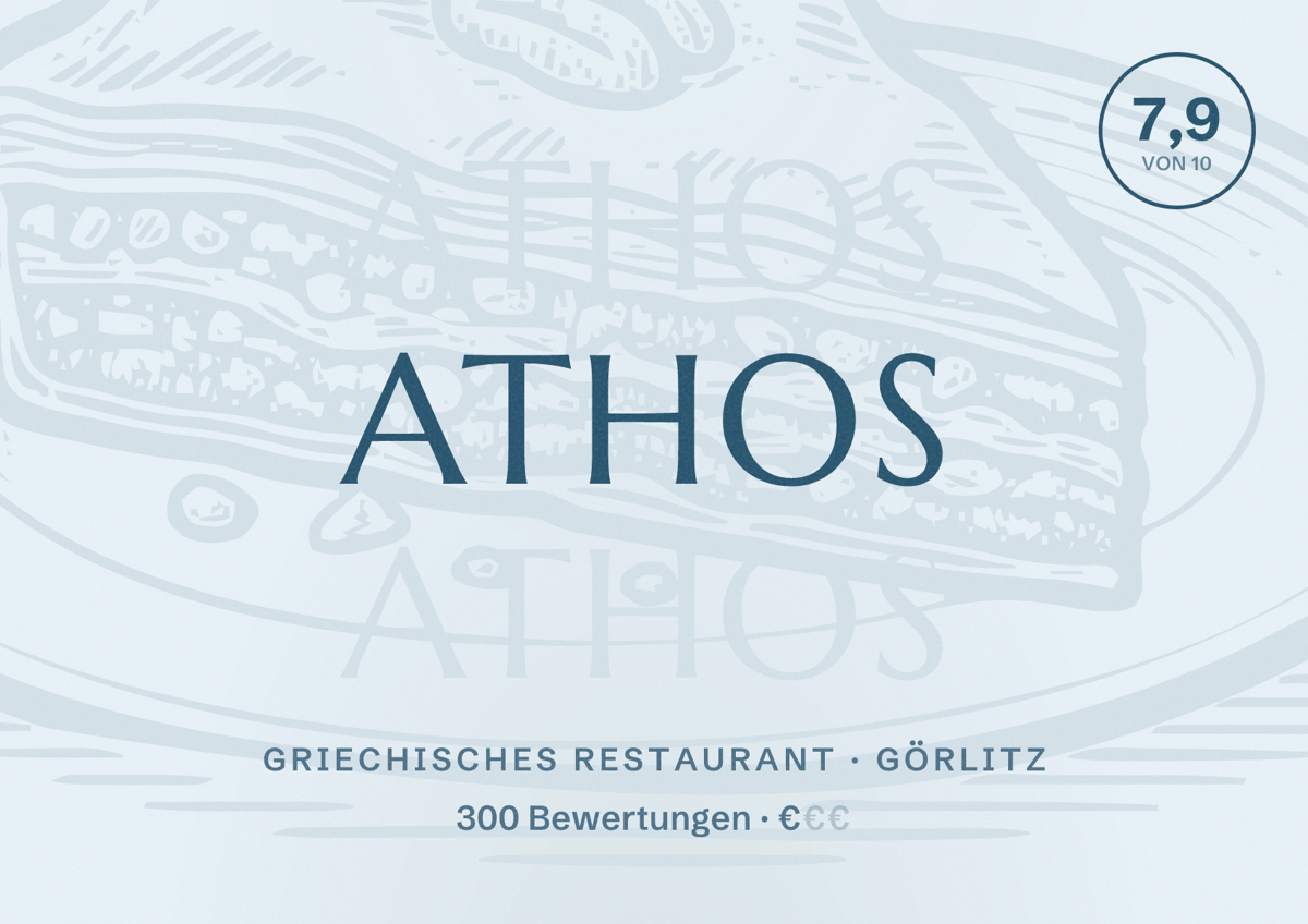 Illustriertes Poster von Athos, Griechisches Restaurant in Görlitz: Bewertung 7,9 von 10 aus 300 Bewertungen, Preisniveau €