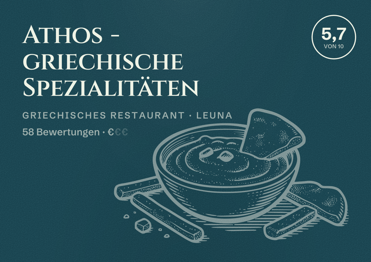 Illustriertes Poster von Athos - griechische Spezialitäten, Griechisches Restaurant in Leuna: Bewertung 5,7 von 10 aus 58 Bewertungen, Preisniveau €
