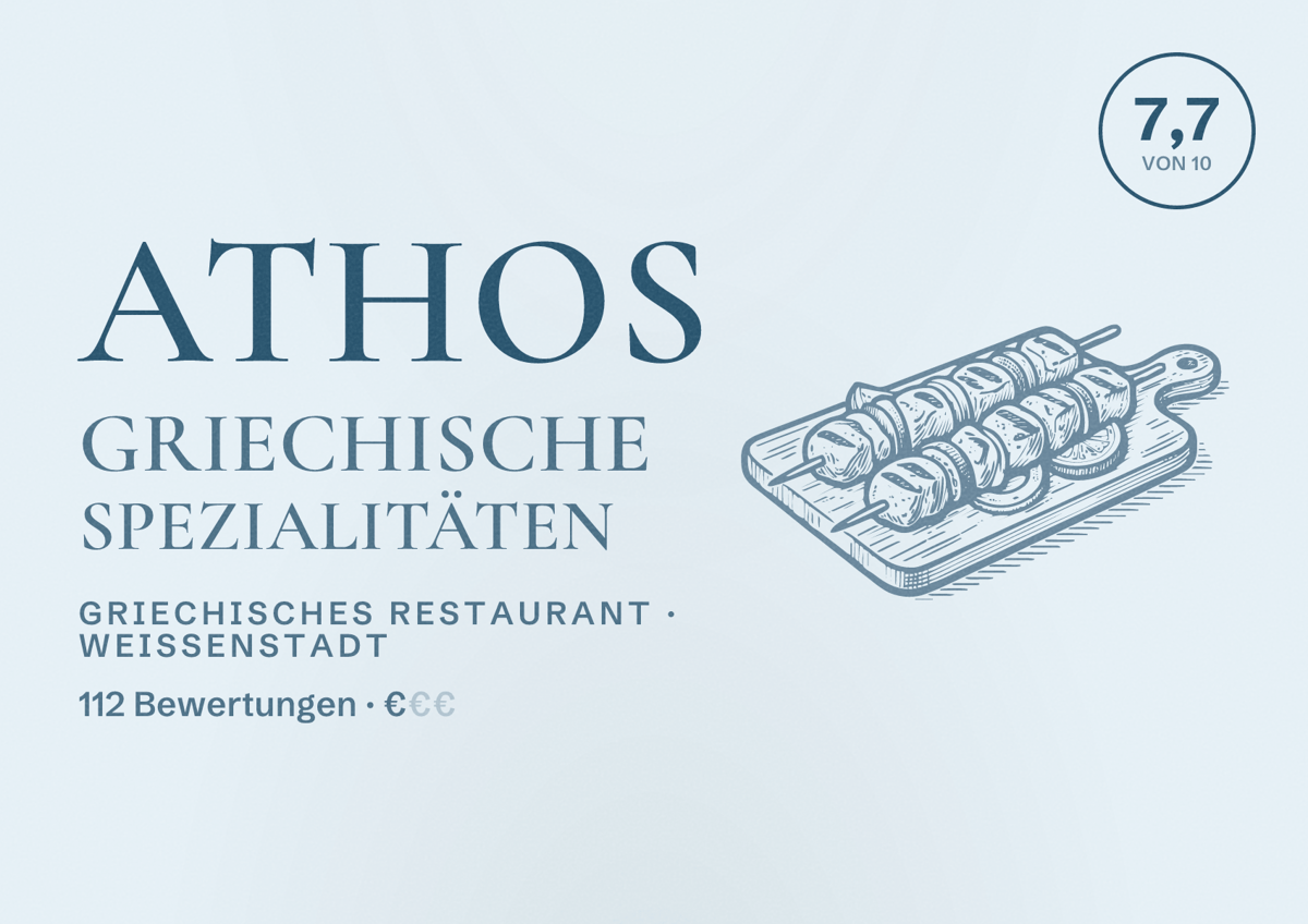 Illustriertes Poster von Athos Griechische Spezialitäten, Griechisches Restaurant in Weißenstadt: Bewertung 7,7 von 10 aus 112 Bewertungen, Preisniveau €