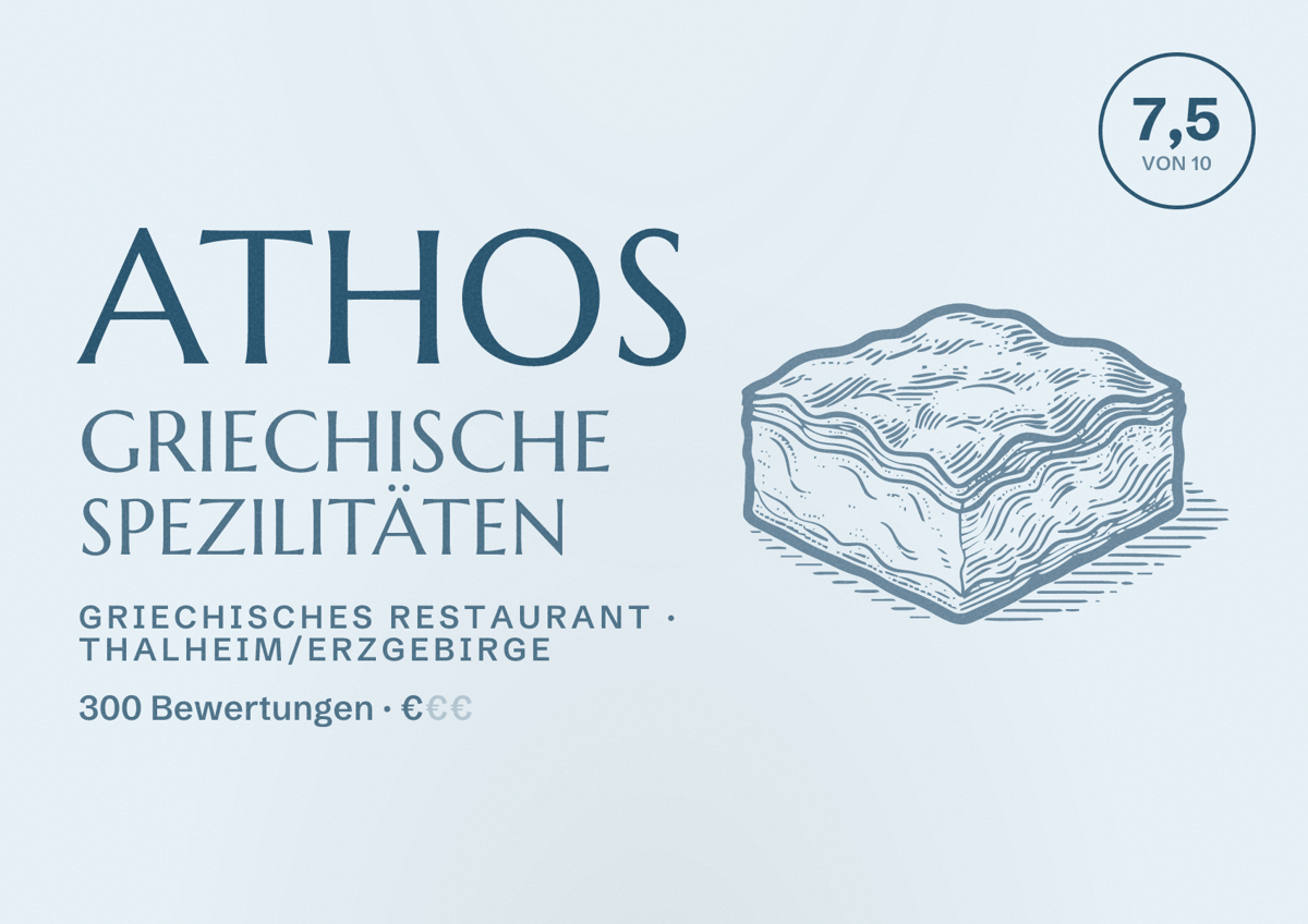 Illustriertes Poster von Athos Griechische Spezilitäten, Griechisches Restaurant in Thalheim/Erzgebirge: Bewertung 7,5 von 10 aus 300 Bewertungen, Preisniveau €