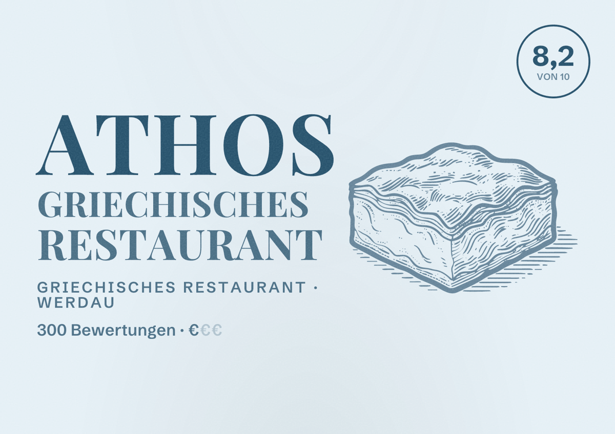 Illustriertes Poster von Athos Griechisches Restaurant, Griechisches Restaurant in Werdau: Bewertung 8,2 von 10 aus 300 Bewertungen, Preisniveau €