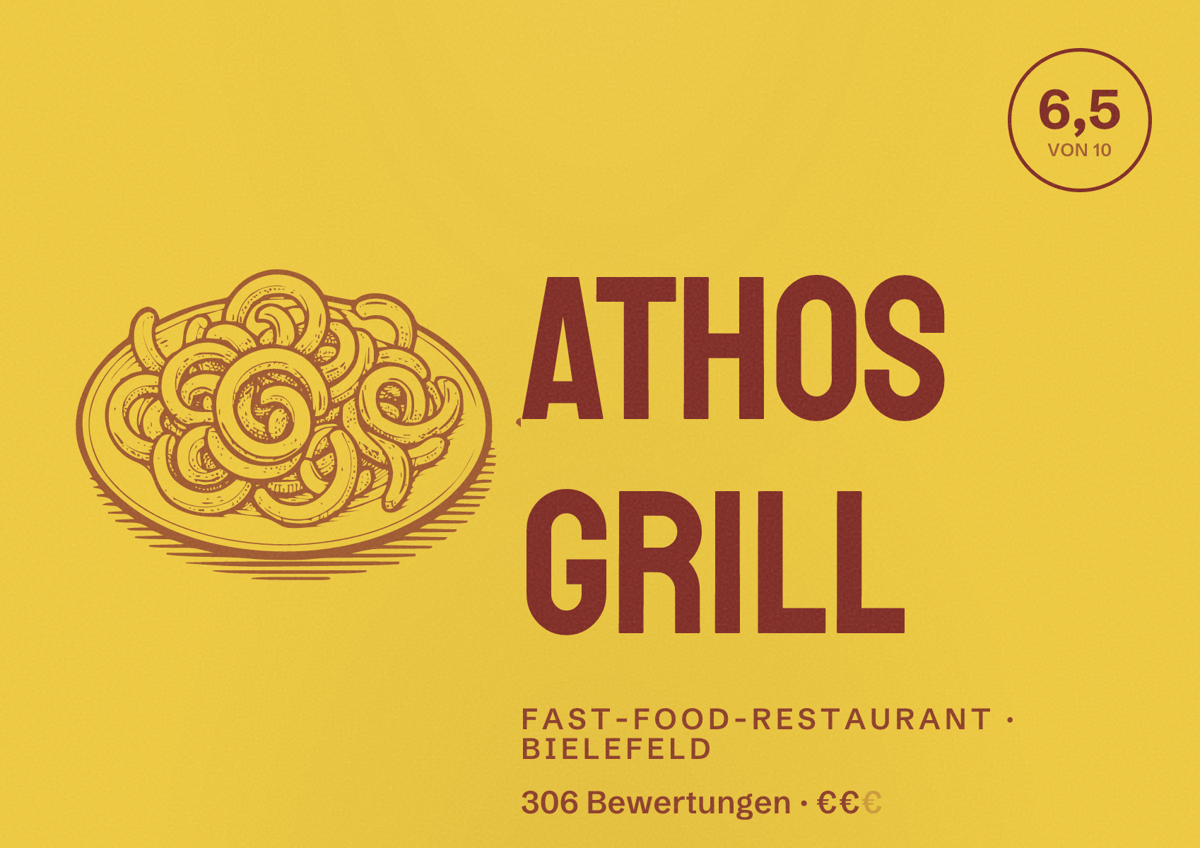 Illustriertes Poster von Athos Grill, Fast-Food-Restaurant in Bielefeld: Bewertung 6,5 von 10 aus 306 Bewertungen, Preisniveau €€