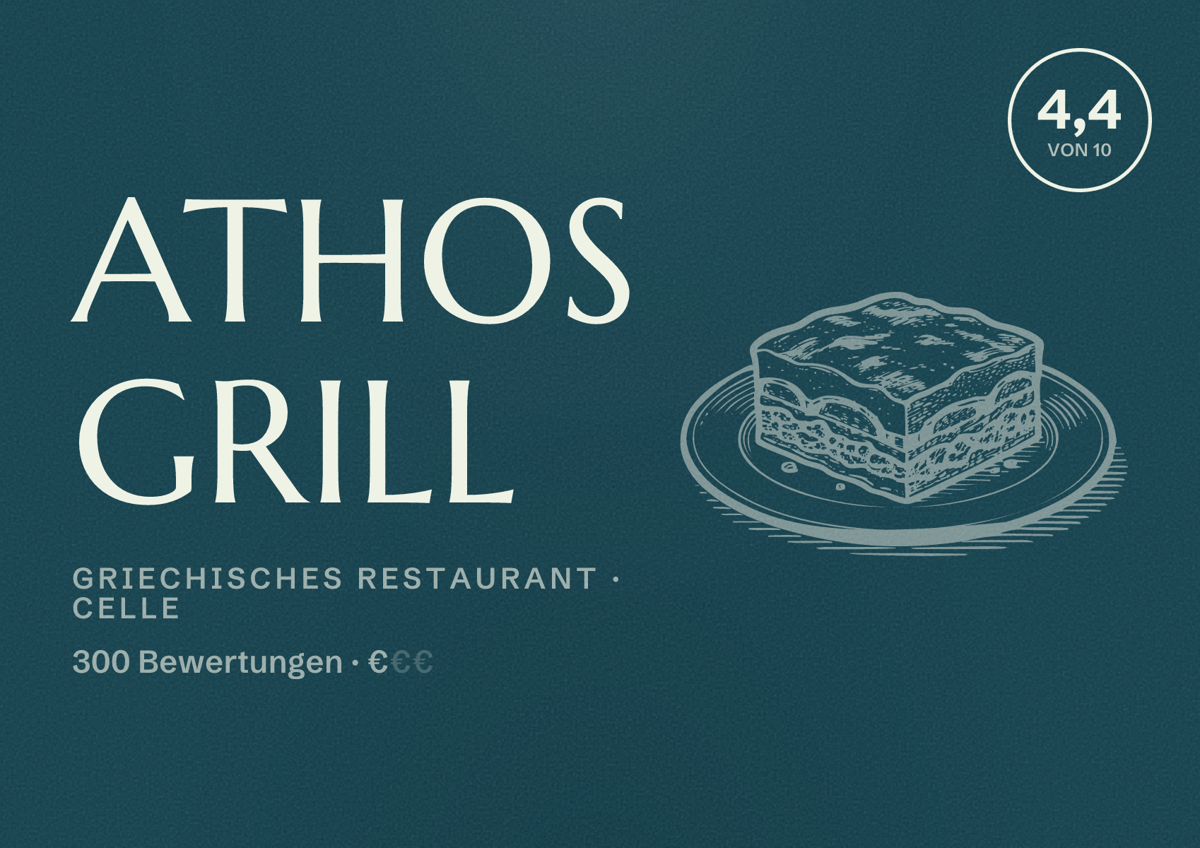 Illustriertes Poster von Athos Grill, Griechisches Restaurant in Celle: Bewertung 4,4 von 10 aus 300 Bewertungen, Preisniveau €