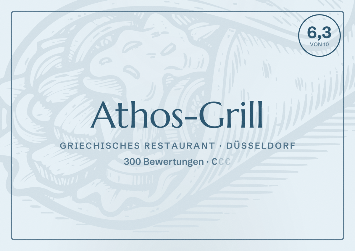 Illustriertes Poster von Athos-Grill, Griechisches Restaurant in Düsseldorf: Bewertung 6,3 von 10 aus 300 Bewertungen, Preisniveau €
