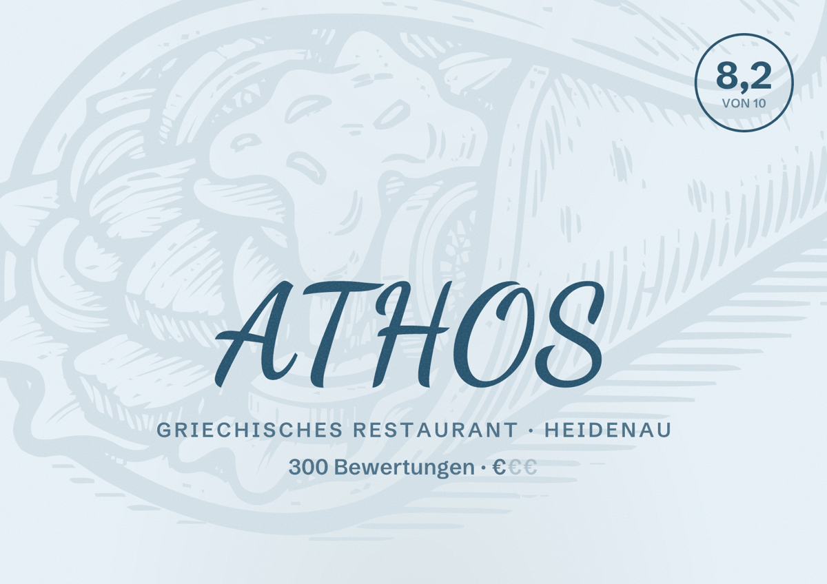 Illustriertes Poster von ATHOS, Griechisches Restaurant in Heidenau: Bewertung 8,2 von 10 aus 300 Bewertungen, Preisniveau €